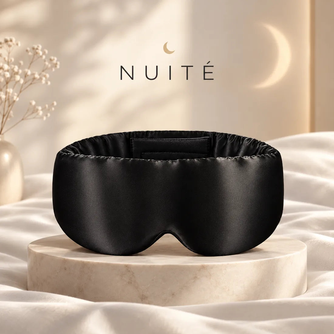 Masque de sommeil Nüité noir en soie de mûrier, vue de face